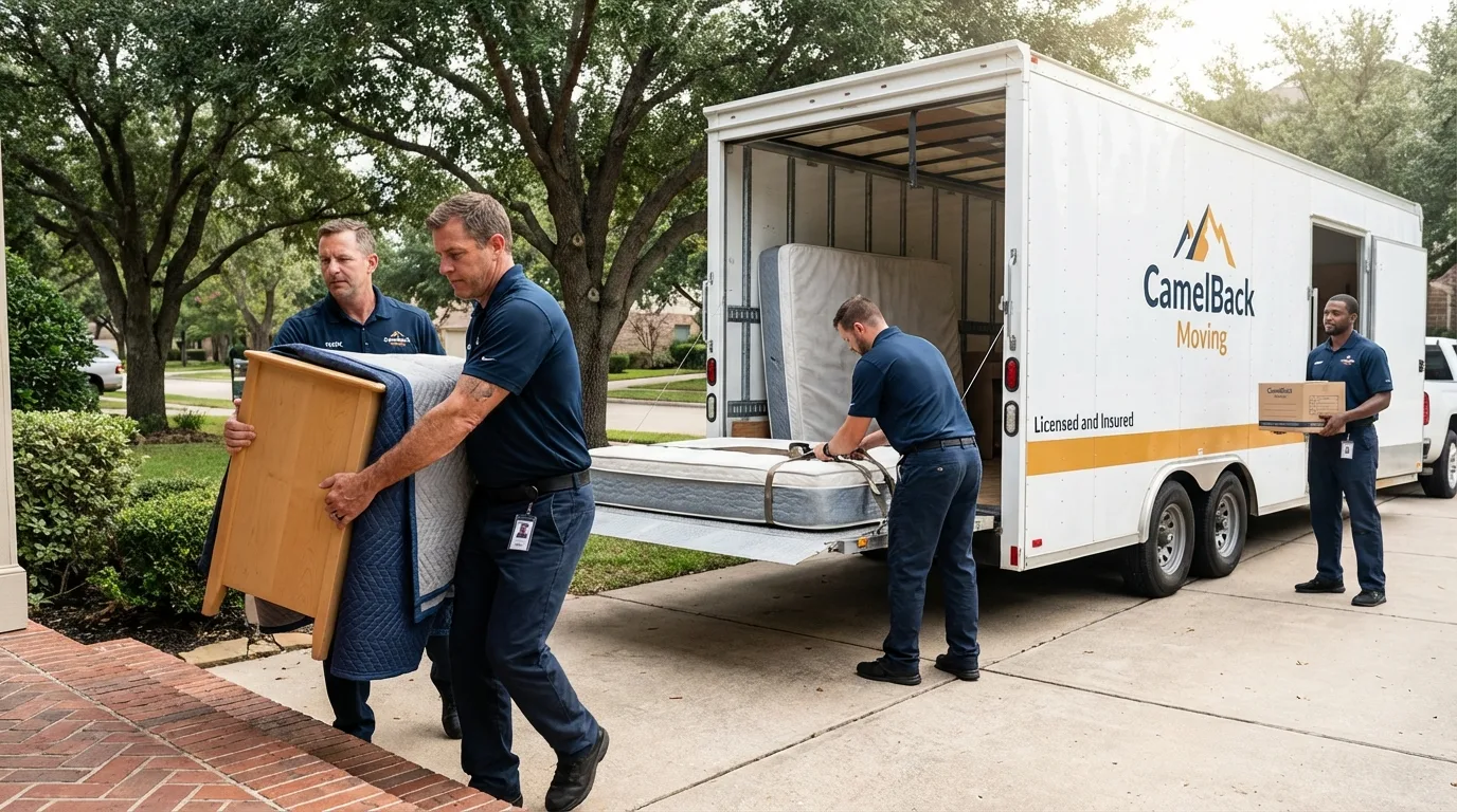 Crew loading residential truck for cross-state move from Arkansas City, AR