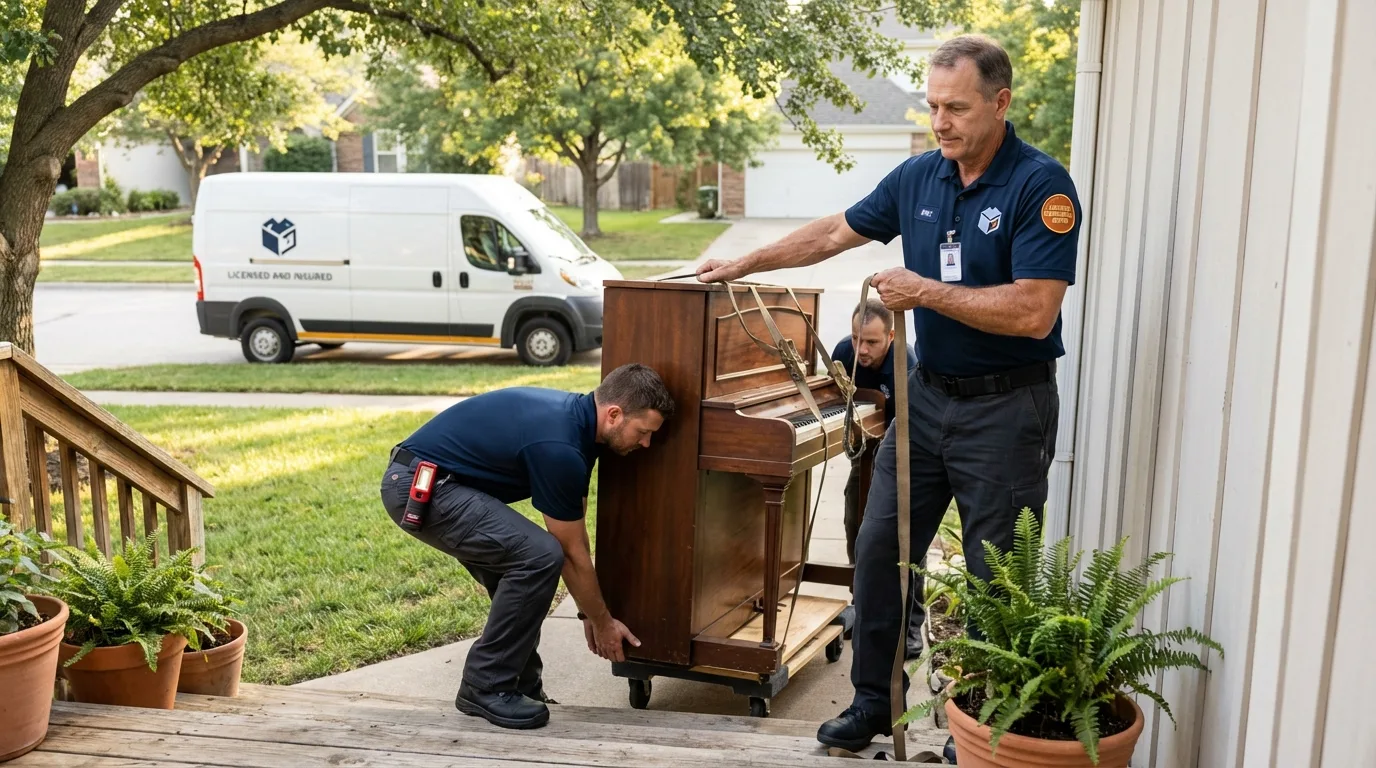 Licensed piano movers securing grand piano in Arkansas City, AR