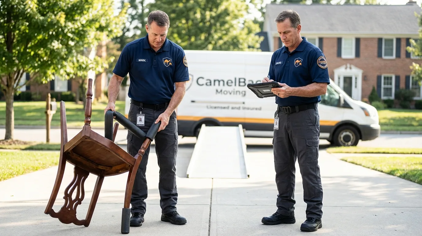 Movers inspecting furniture for damage prevention before loading in Arkansas City, AR