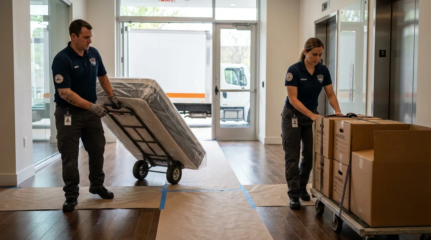 Professional apartment movers loading elevator in Arkansas City, AR