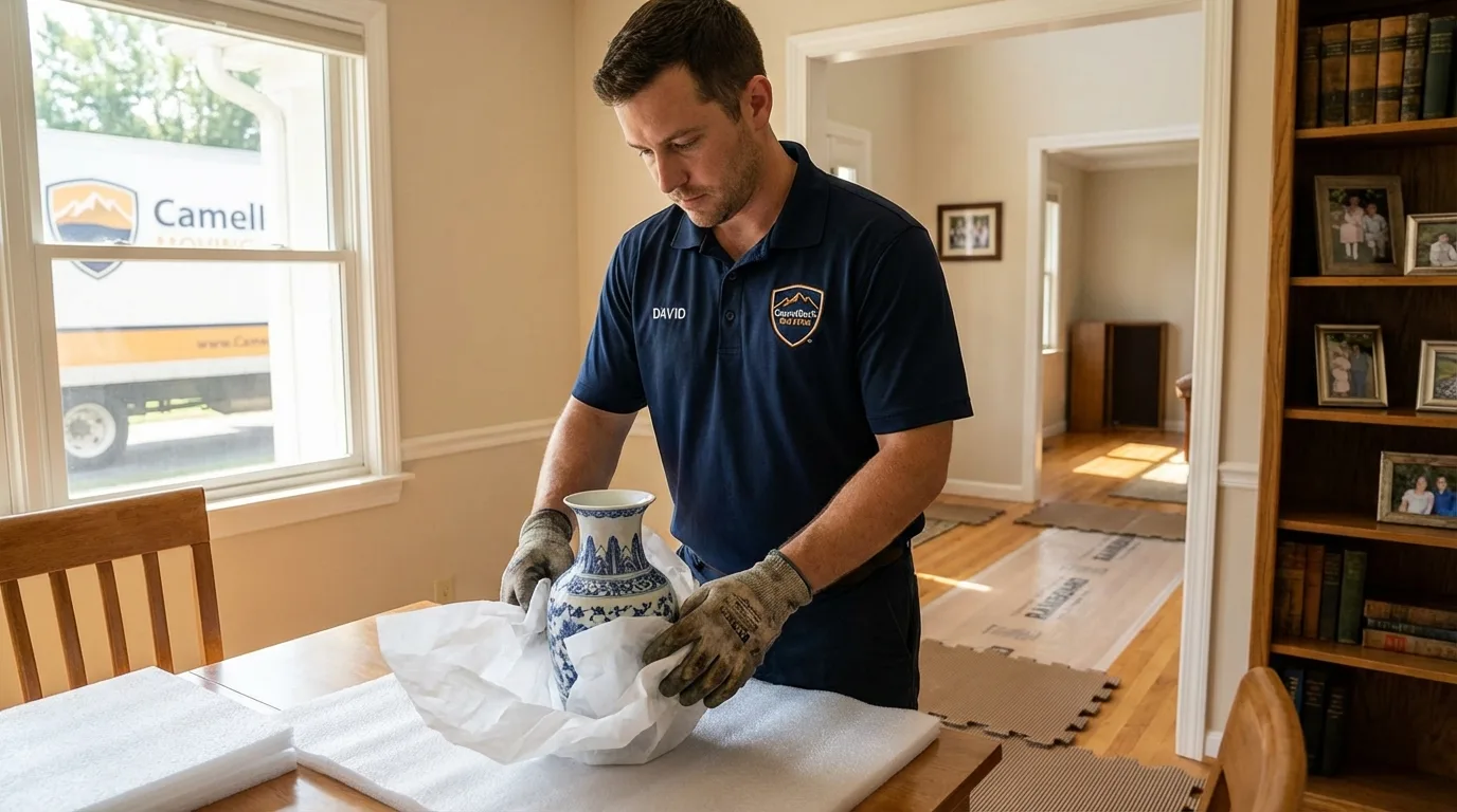Professional crew carefully wrapping antique vase for senior downsizing move in Arkansas City, AR